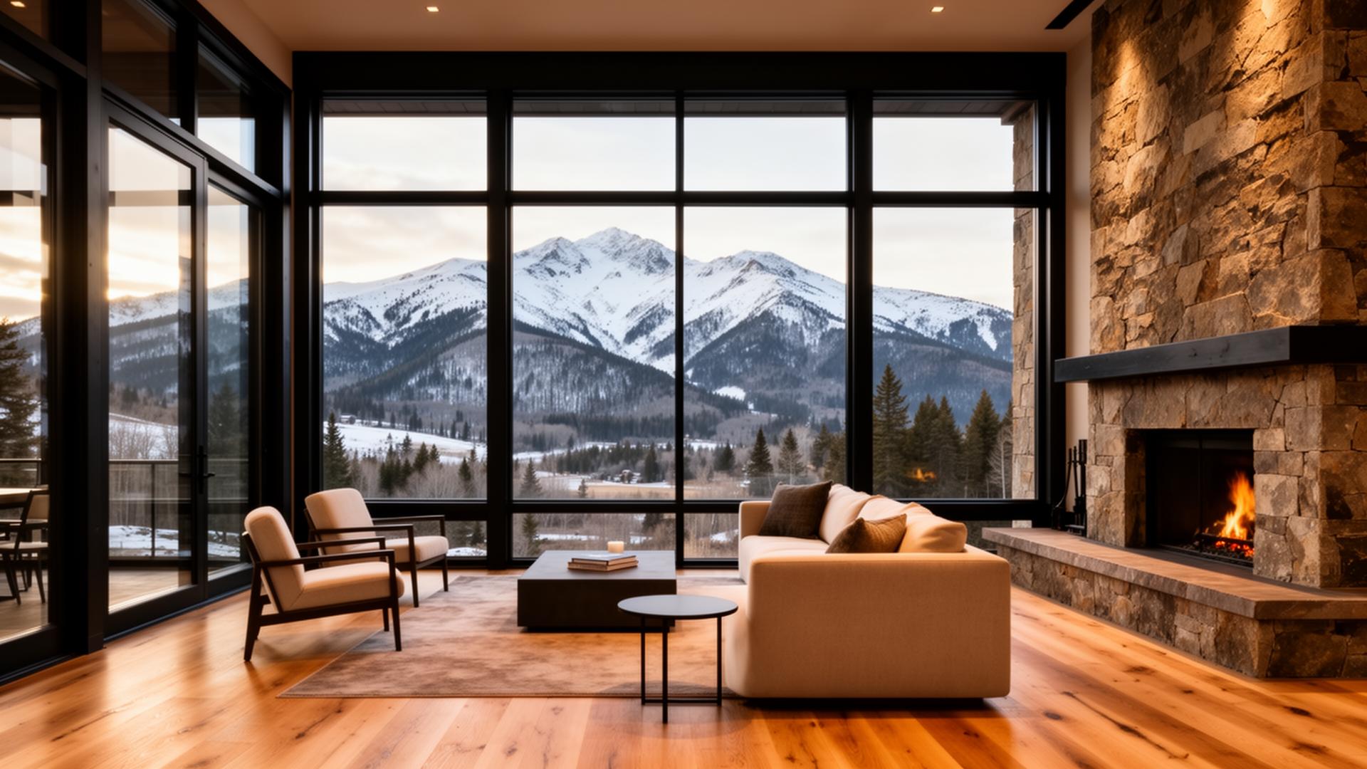 Interior of a luxury Colorado mountain home with floor-to-ceiling windows
